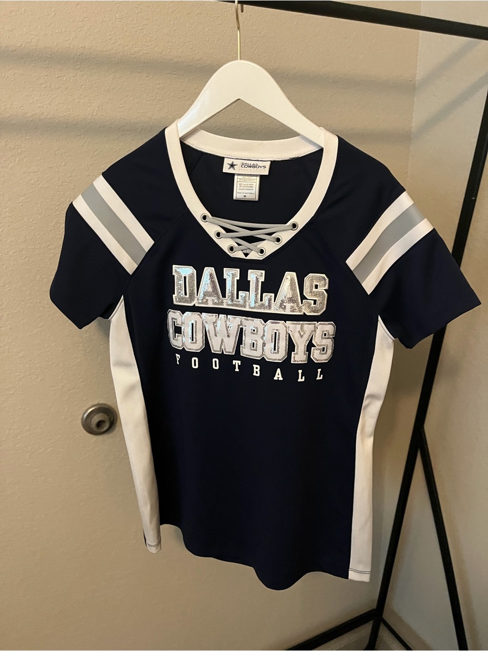 NFL Dallas Cowboys Navy and White Lace-Up sequin Football Top